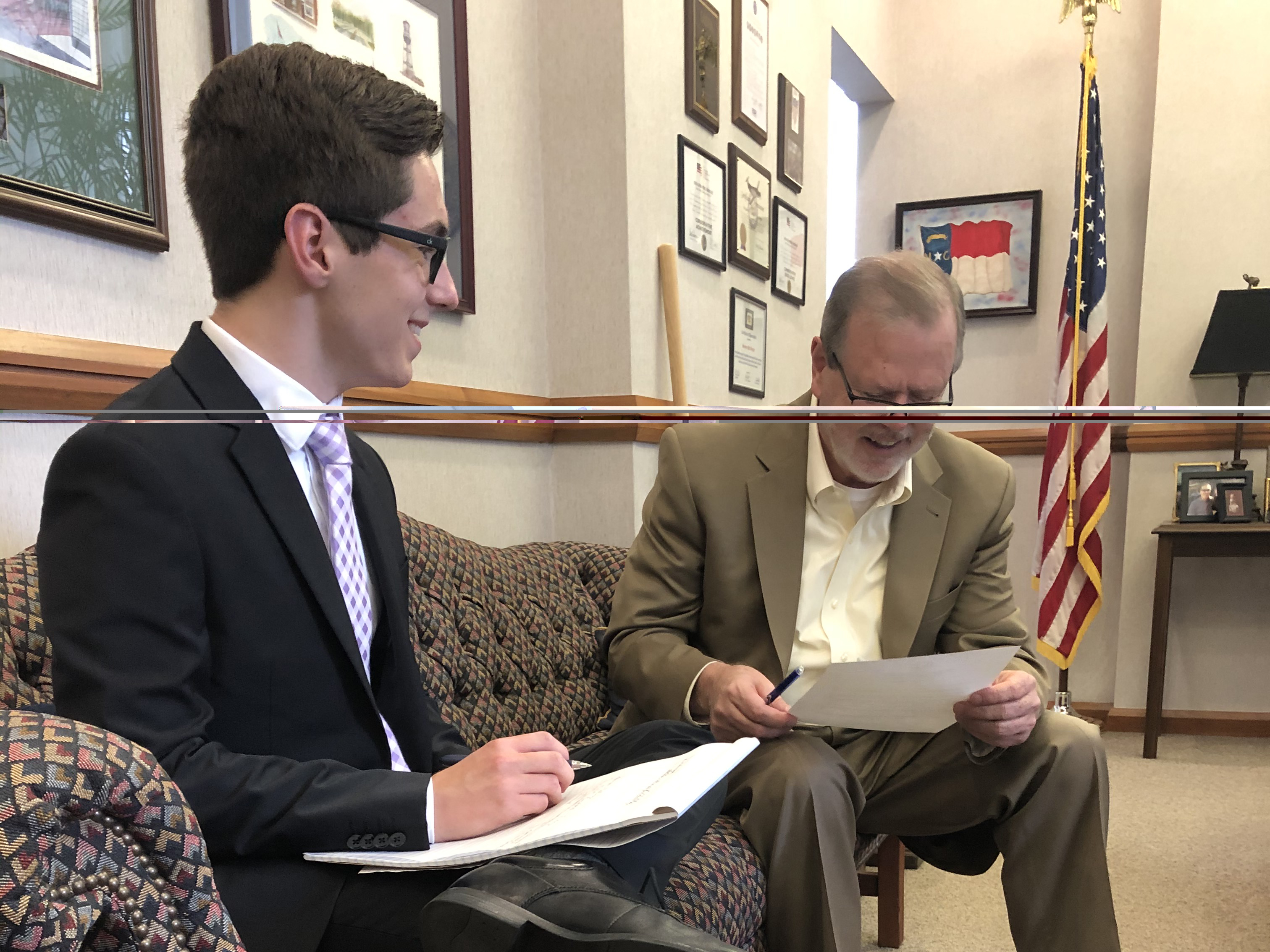 Senate President Pro Tempore Phil Berger with Senate intern Dustin Humphries